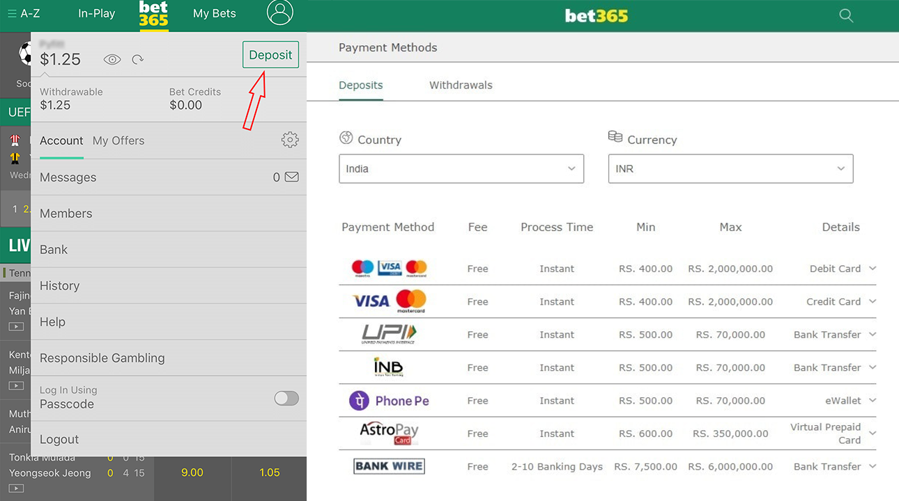 How to deposit and withdraw money from Bet365 in India?