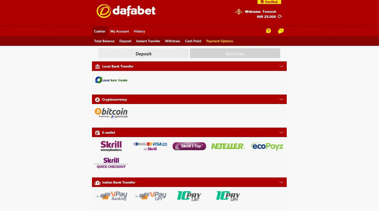 DafaBet payment options